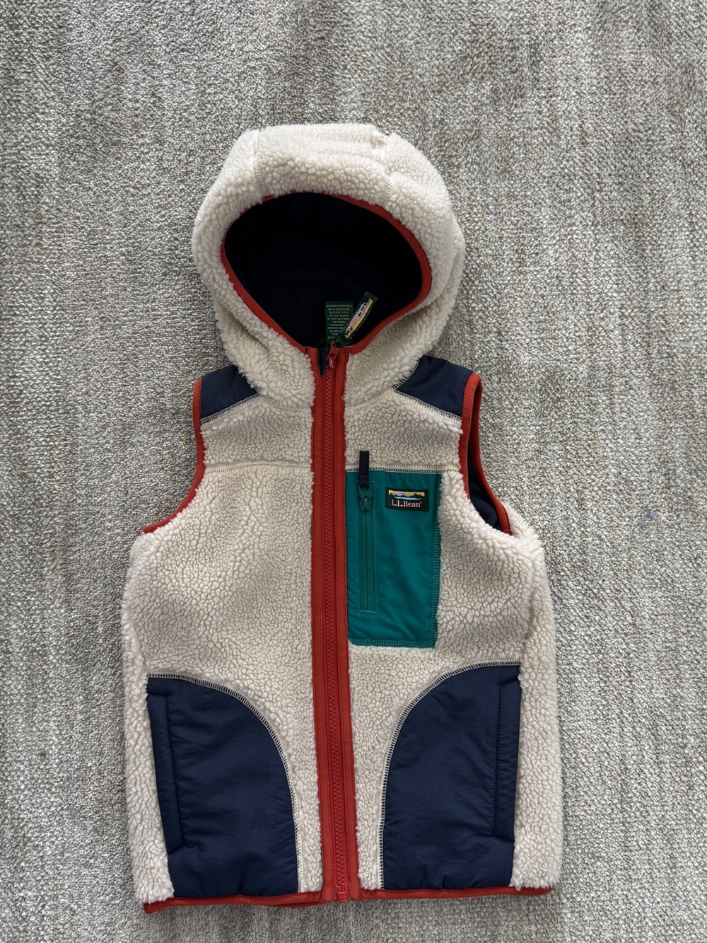 L.L. Bean Cream Sherpa Vest with Teal Pocket and Navy Panels